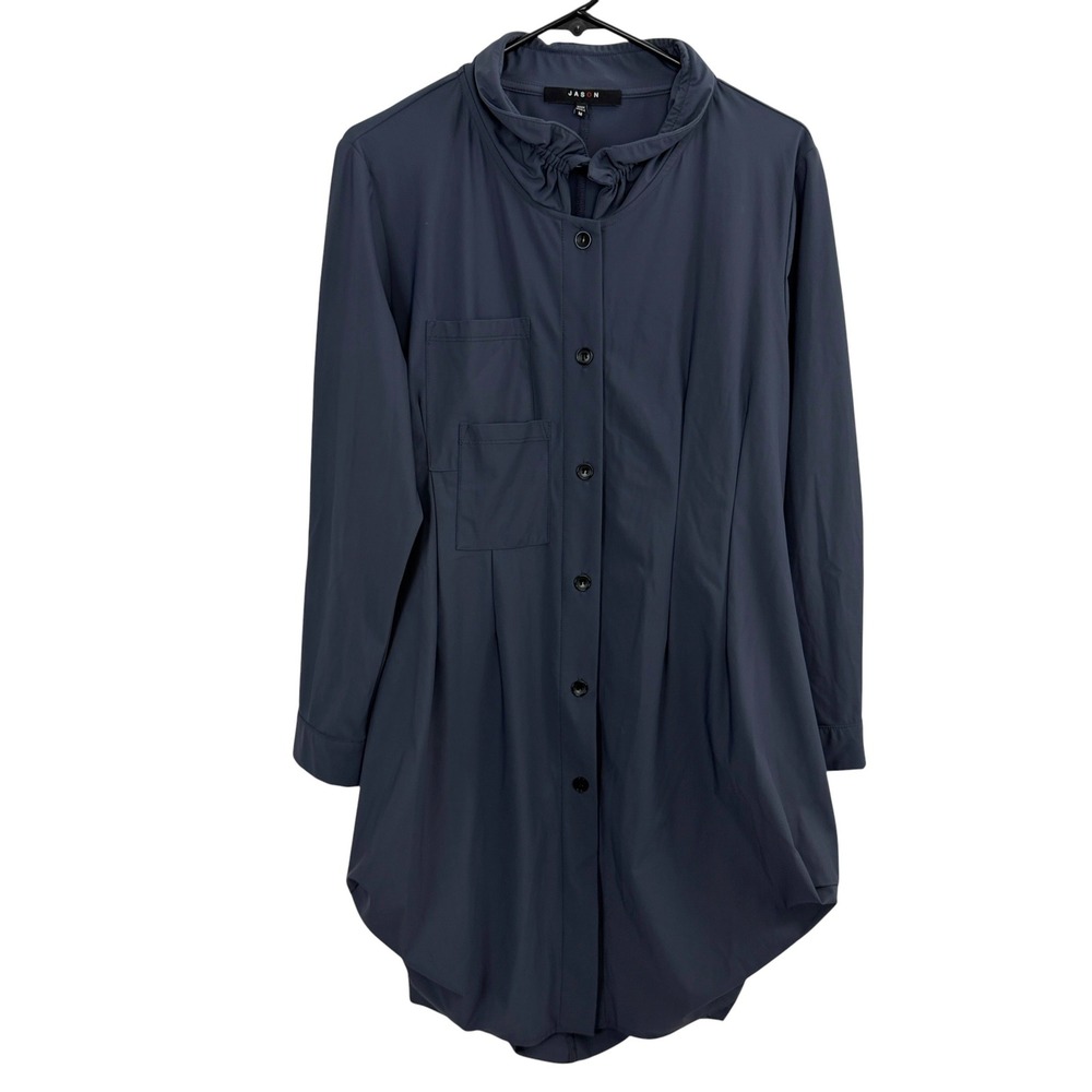Jason Comfy USA Tunic Top Womens Medium Blue Gray Ruffled Collar Button Lantern